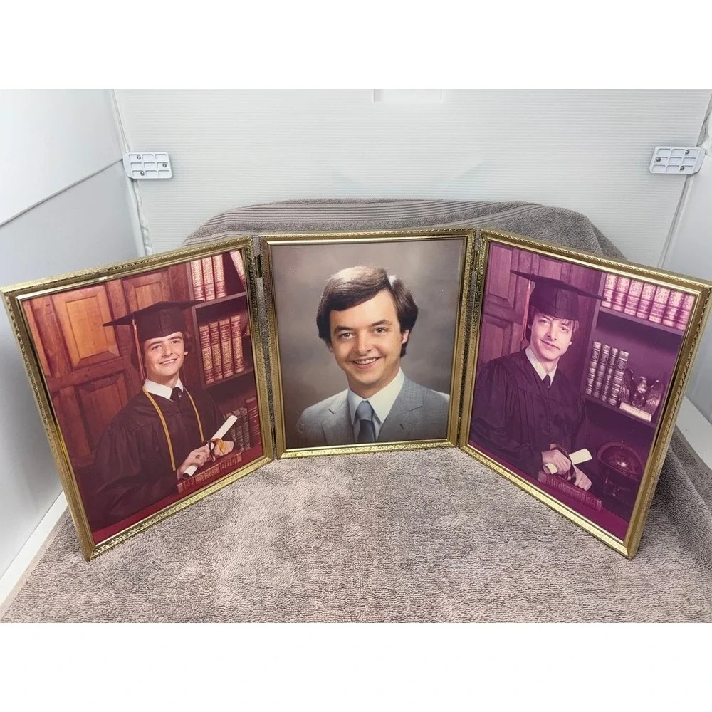 Vintage Triple Folding Picture Frame Gold 8x10 Etched Brass